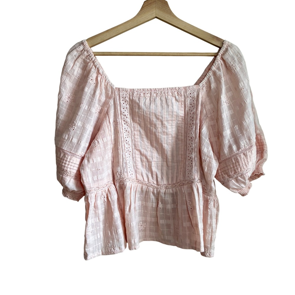 Vintage Eyelet Embroidery Peplum Blouse M Pink Cotton Puff Sleeve RN 171251